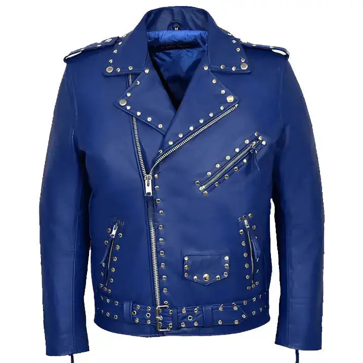 Men’s Studded Blue Leather Biker Jacket-0