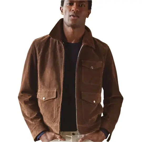 Men’s Tan Brown Suede Bomber Jacket-2