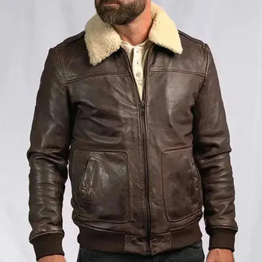 Men’s Vintage A2 Brown Leather Shearling Bomber Jacket-1
