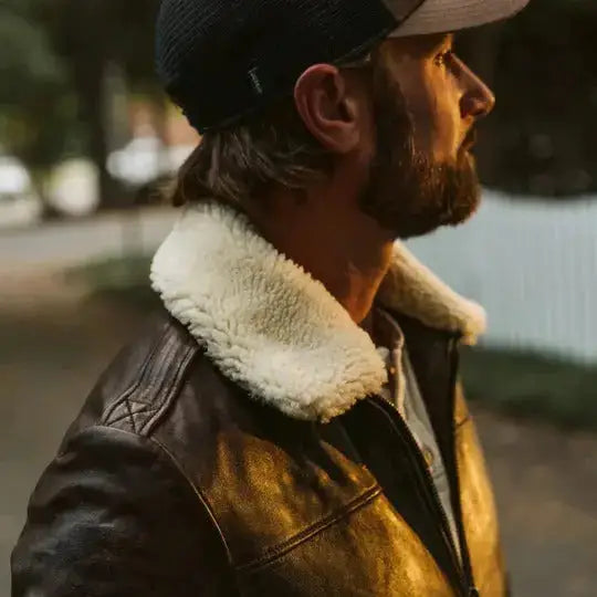 Men’s Vintage A2 Brown Leather Shearling Bomber Jacket-3