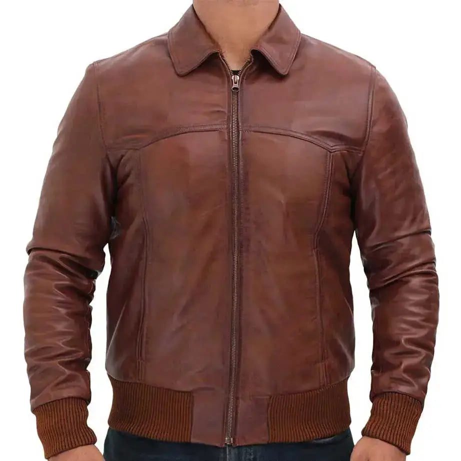 Mens Vintage Brown Leather Bomber Jacket-0