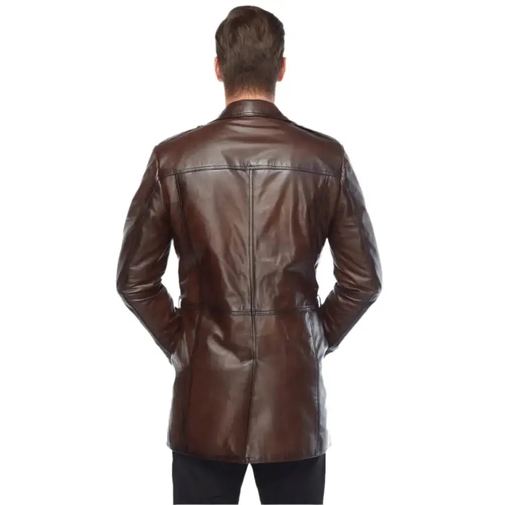 Vintage Brown Leather Trench Coat Men-1