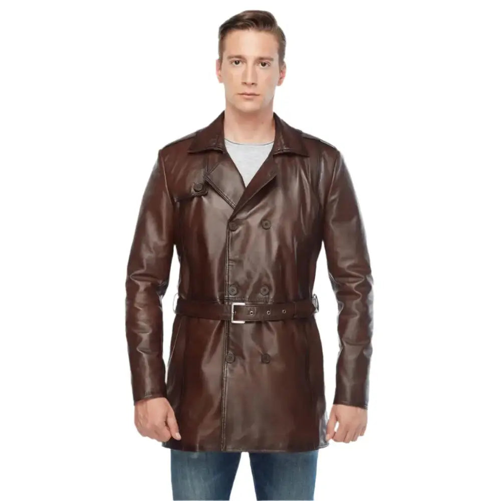 Vintage Brown Leather Trench Coat Men-0