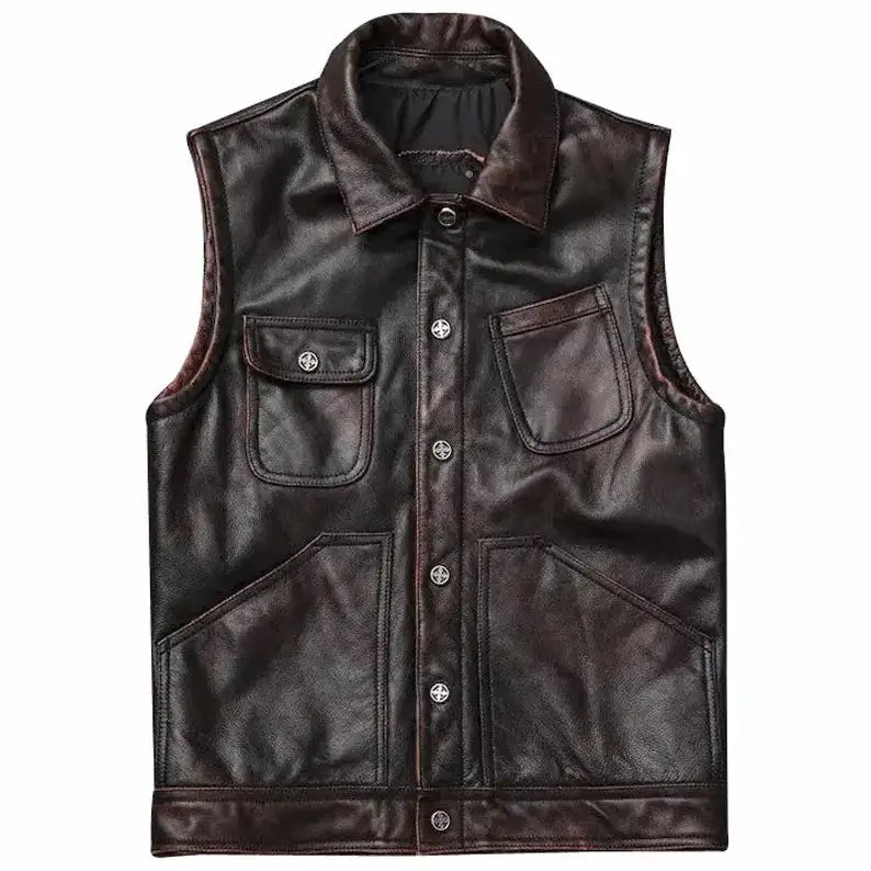 Men’s Vintage Brown Motorcycle Leather Vest-0