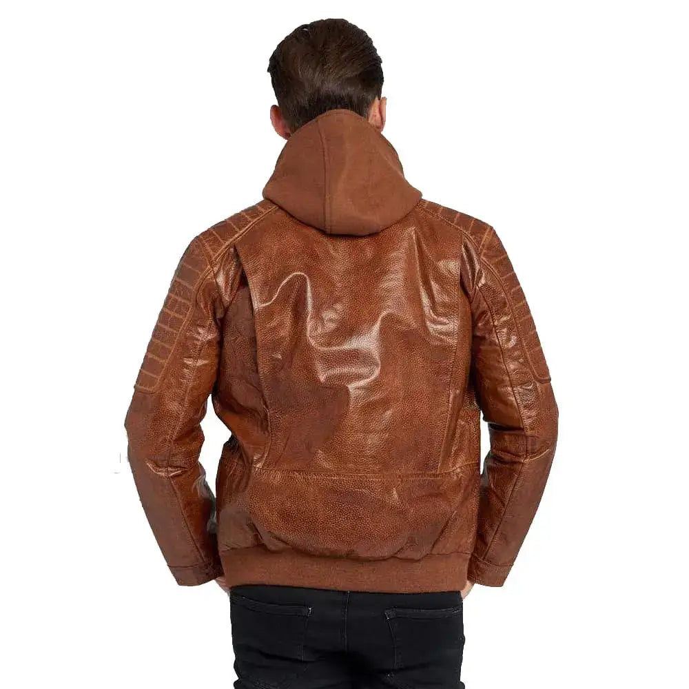 Men’s Waxed Brown Hooded Leather Jacket-2