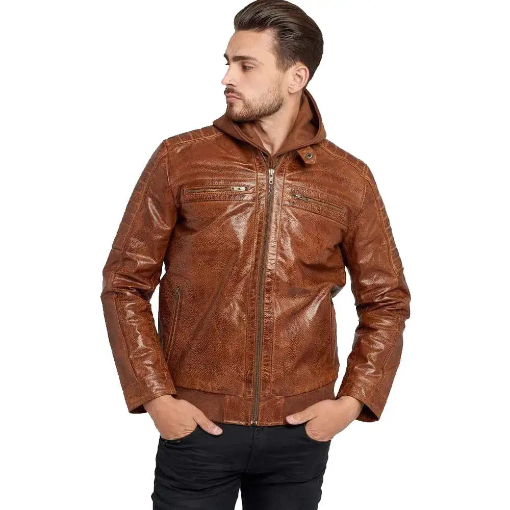 Men’s Waxed Brown Hooded Leather Jacket-1