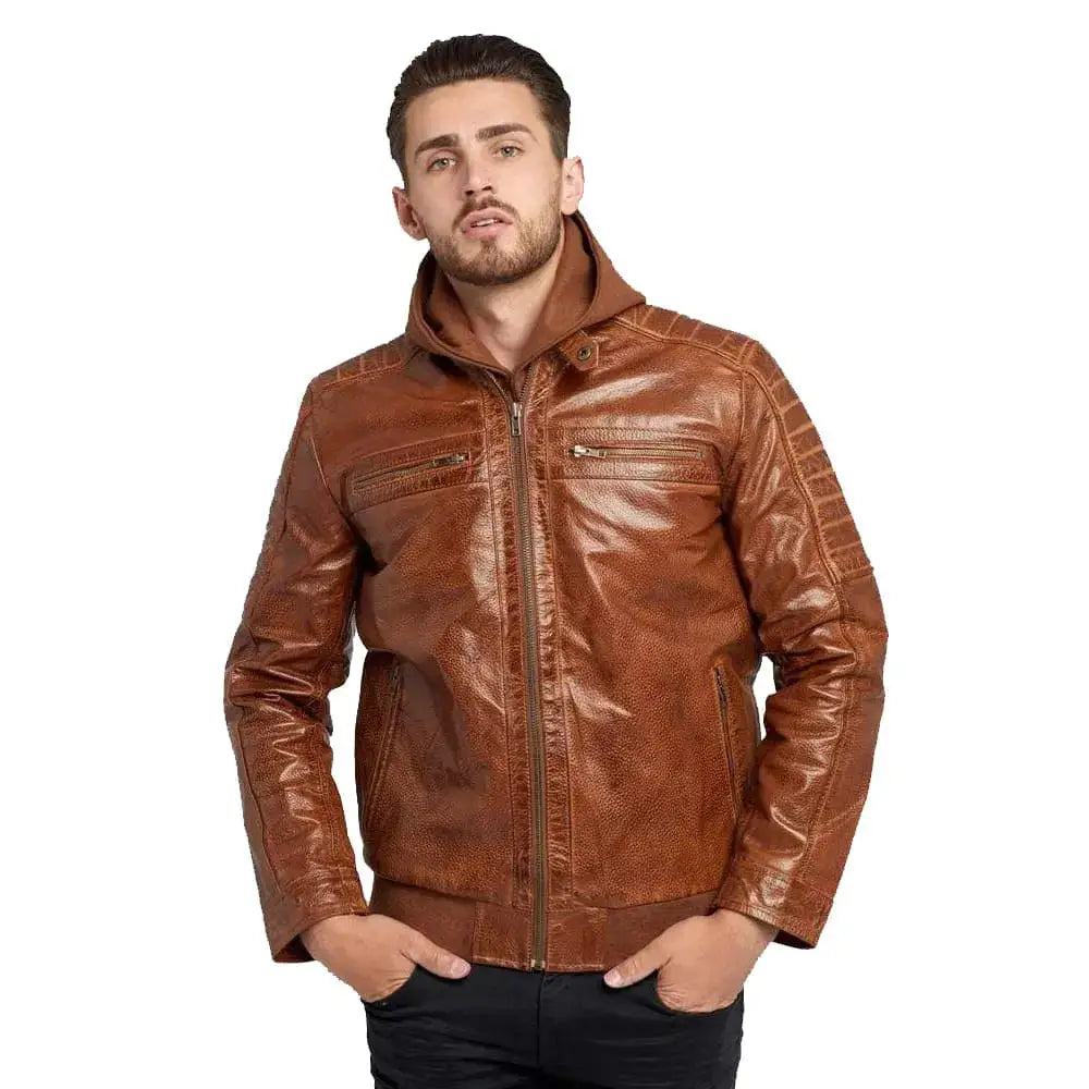 Men’s Waxed Brown Hooded Leather Jacket-0