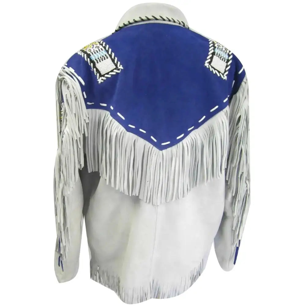 Men’s White and Blue Suede Leather Cowboy Coat with Fringe-1
