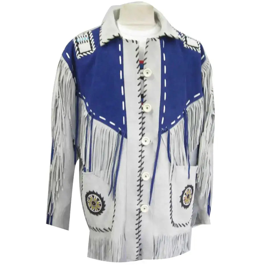 Men’s White and Blue Suede Leather Cowboy Coat with Fringe-0