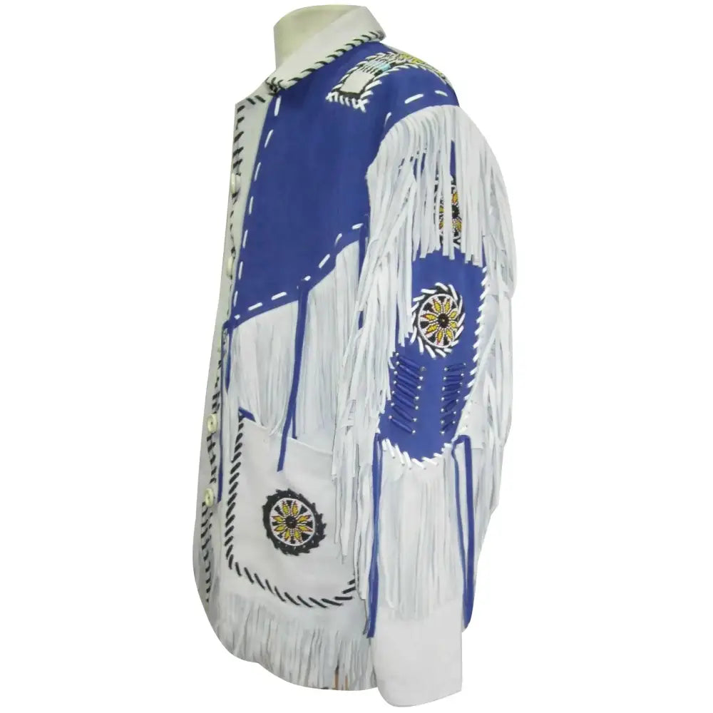 Men’s White and Blue Suede Leather Cowboy Coat with Fringe-3