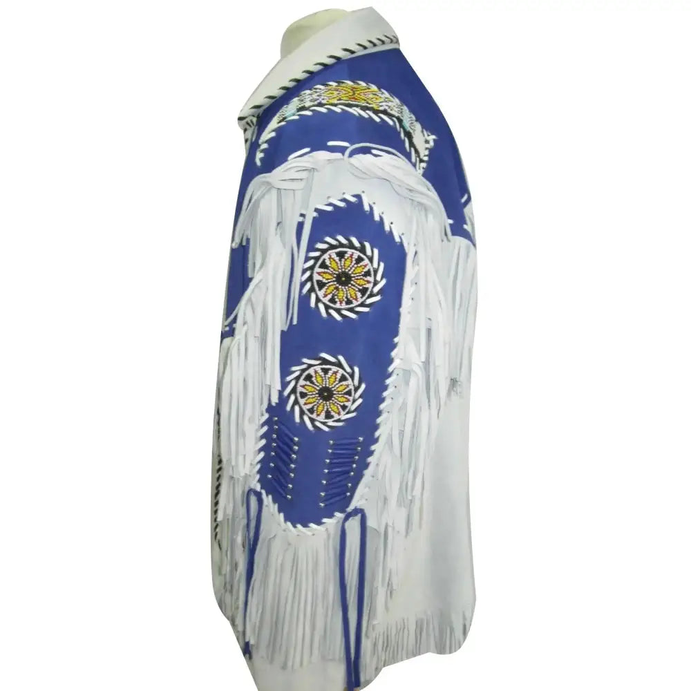 Men’s White and Blue Suede Leather Cowboy Coat with Fringe-2