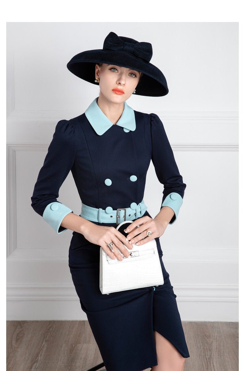 Navy blue contrast belted mother other bride dress-2