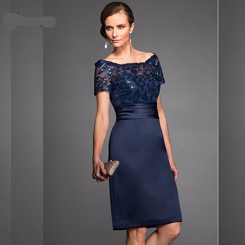 Navy blue lace appliqued knee length bridal dress-0