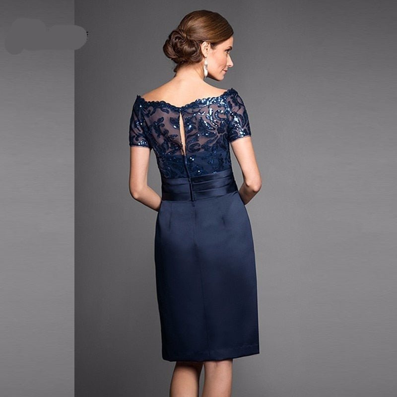 Navy blue lace appliqued knee length bridal dress-1