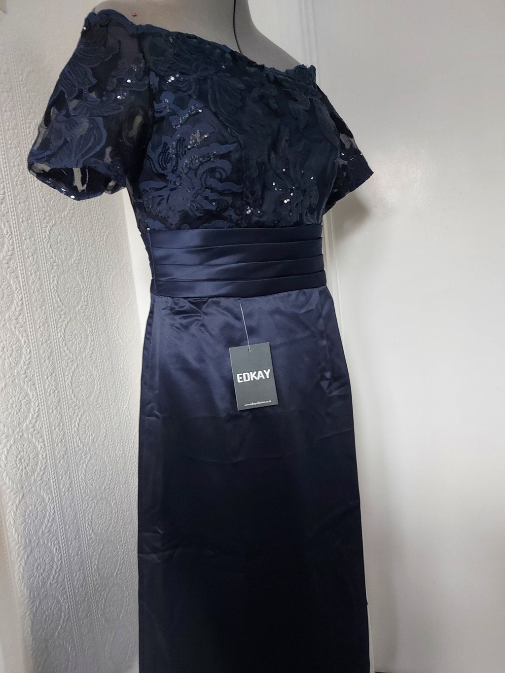 Navy blue lace appliqued knee length bridal dress-2