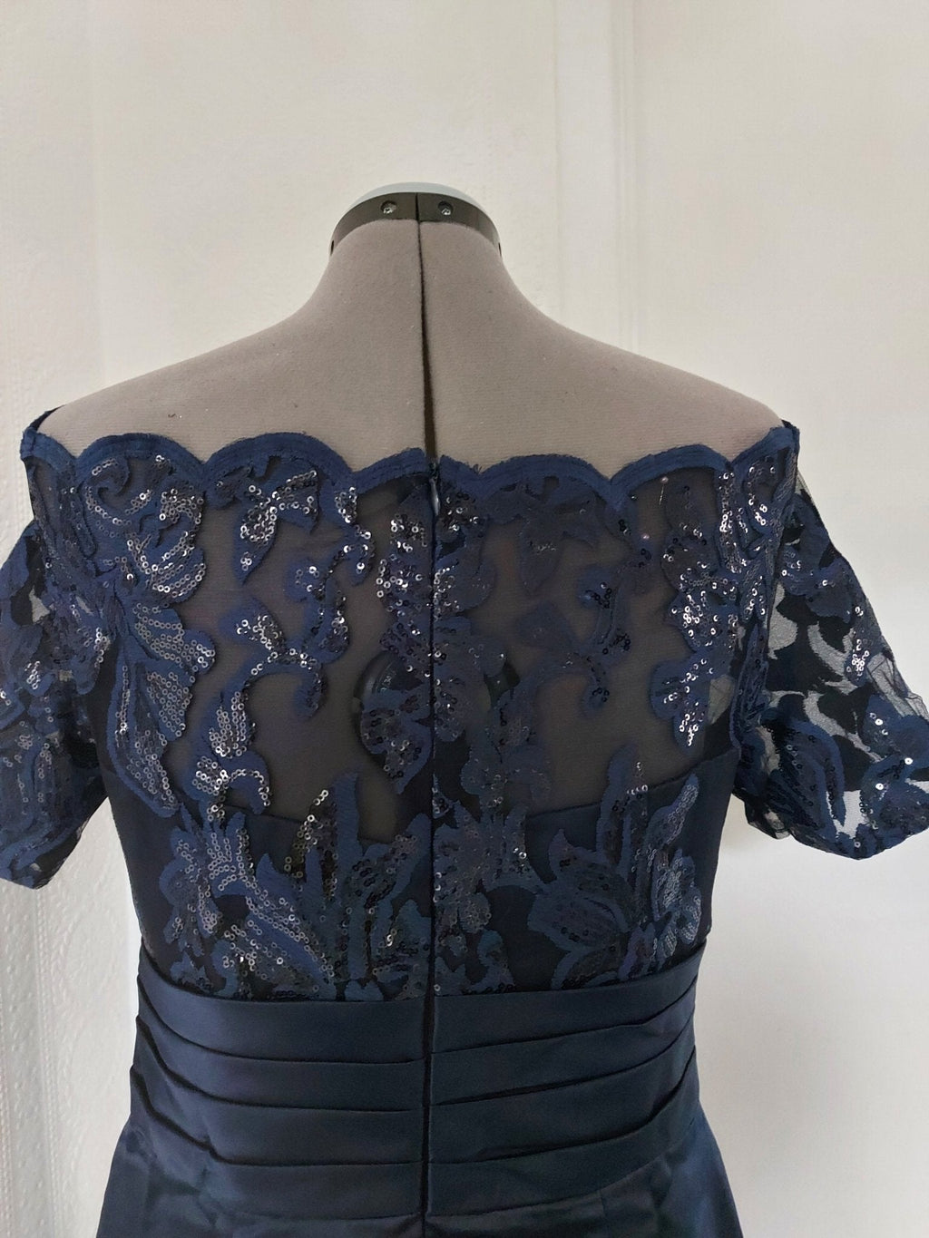 Navy blue lace appliqued knee length bridal dress-4