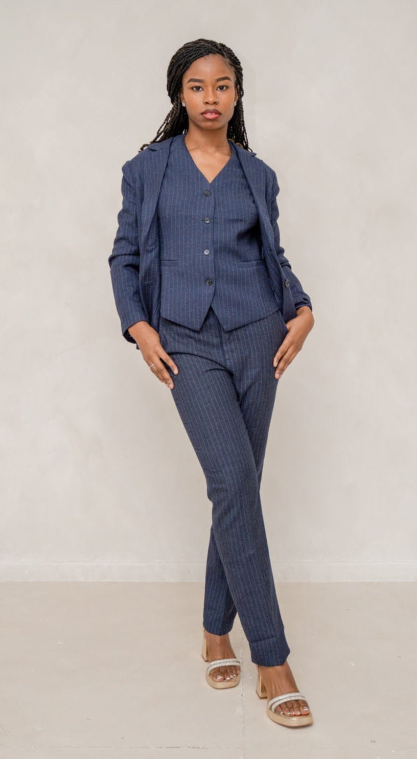 Navy blue stripped 3-piece pants suits (UK size 12)-1