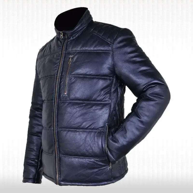 Men’s Black Leather Quilted Bomber Jacket-1