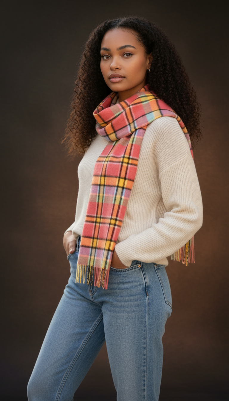 Lobster, Yellow, Apple & Wedgewood Check Cashmere Scarf-0