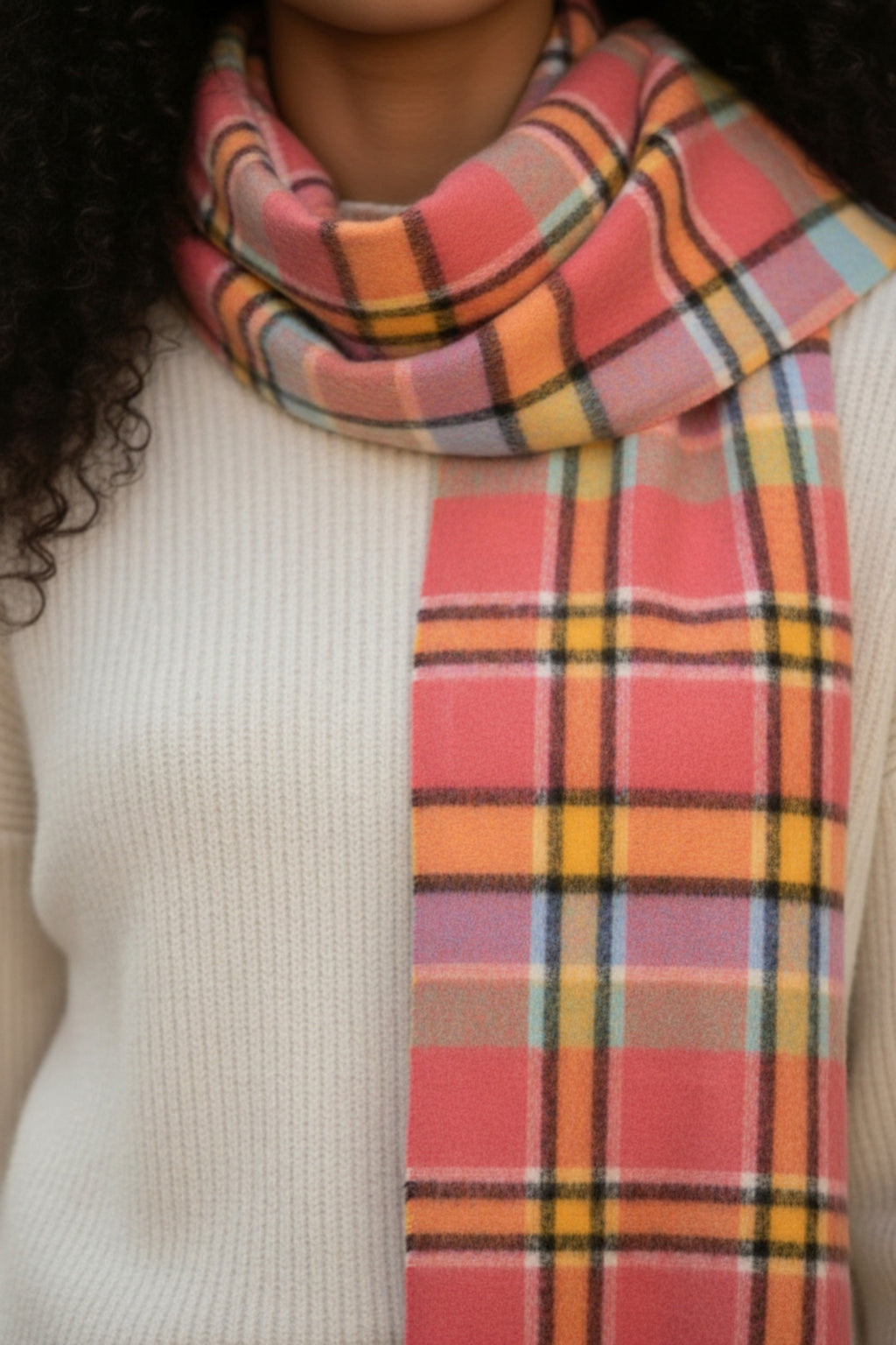 Lobster, Yellow, Apple & Wedgewood Check Cashmere Scarf-2