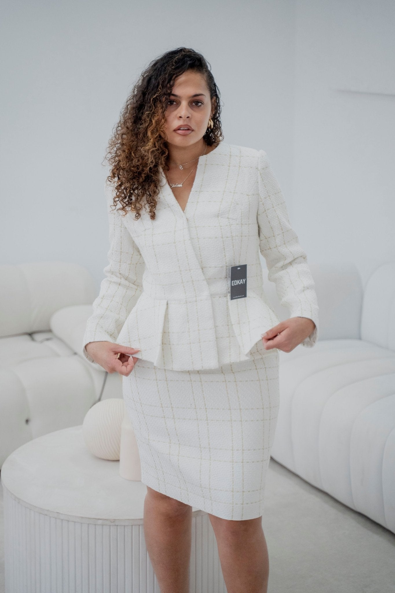 The pleated-peplum plaid tweed skirt suit (UK size 14)-4