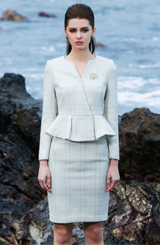 The pleated-peplum plaid tweed skirt suit (UK size 14)-0