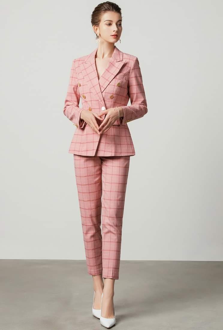 Pink plaid 2-piece double breasted pants suit (UK size 14)-3