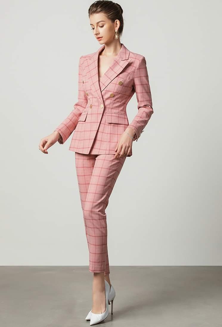 Pink plaid 2-piece double breasted pants suit (UK size 14)-1