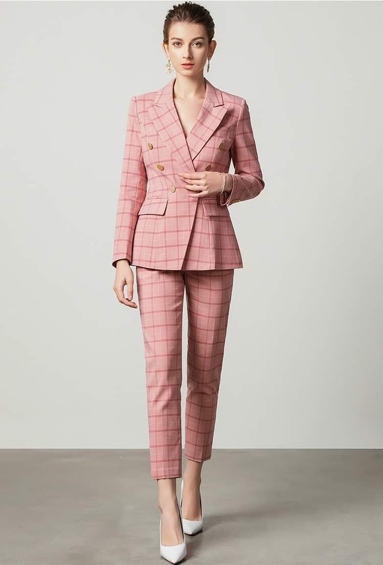 Pink plaid 2-piece double breasted pants suit (UK size 14)-2