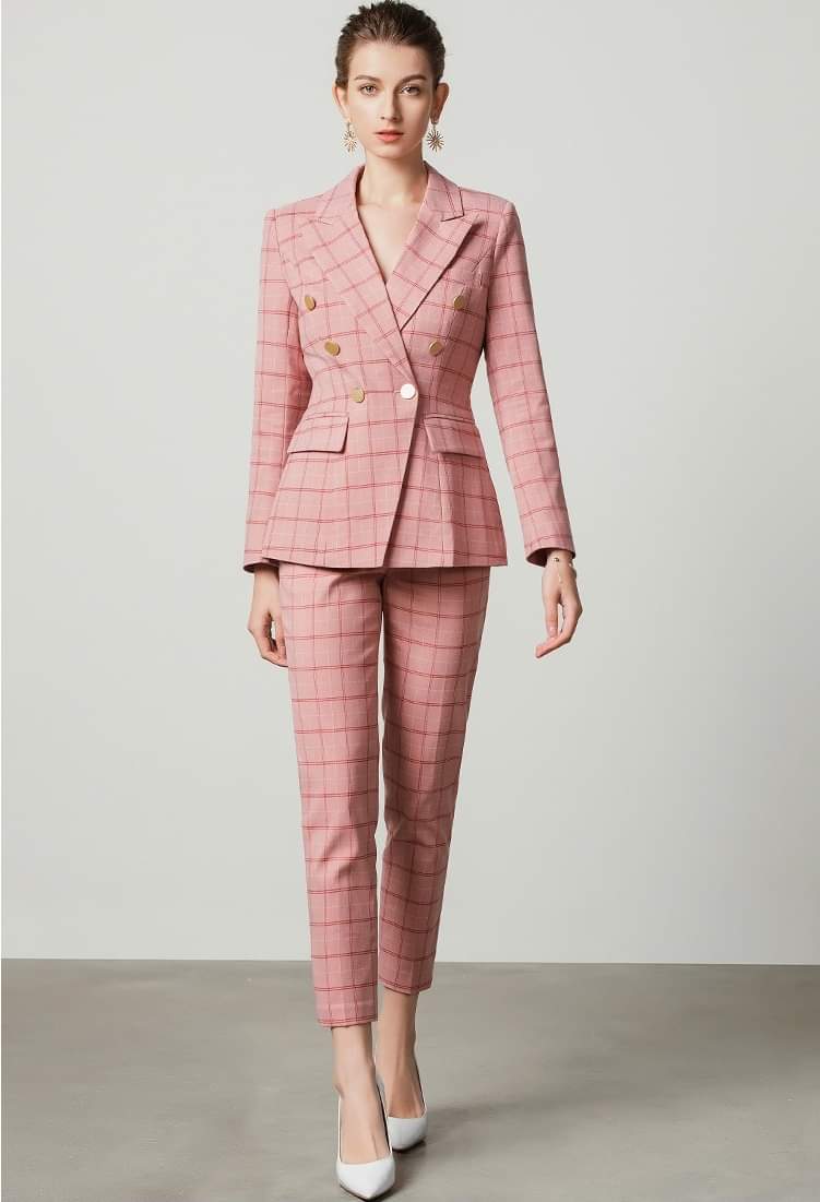 Pink plaid 2-piece double breasted pants suit (UK size 14)-0