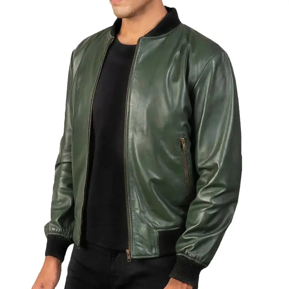 Men’s Green Leather Motorcycle Bomber Jacket-1