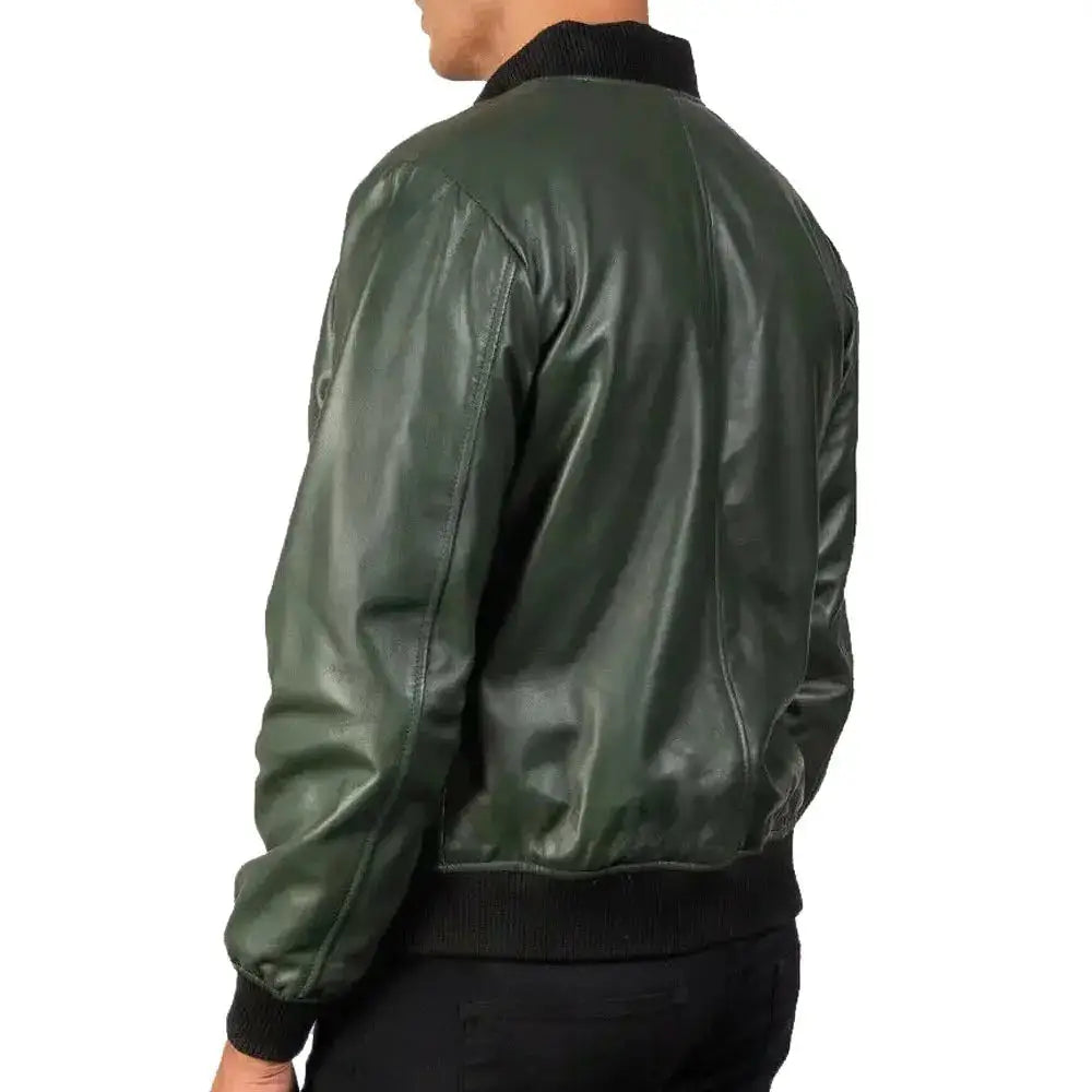 Men’s Green Leather Motorcycle Bomber Jacket-2