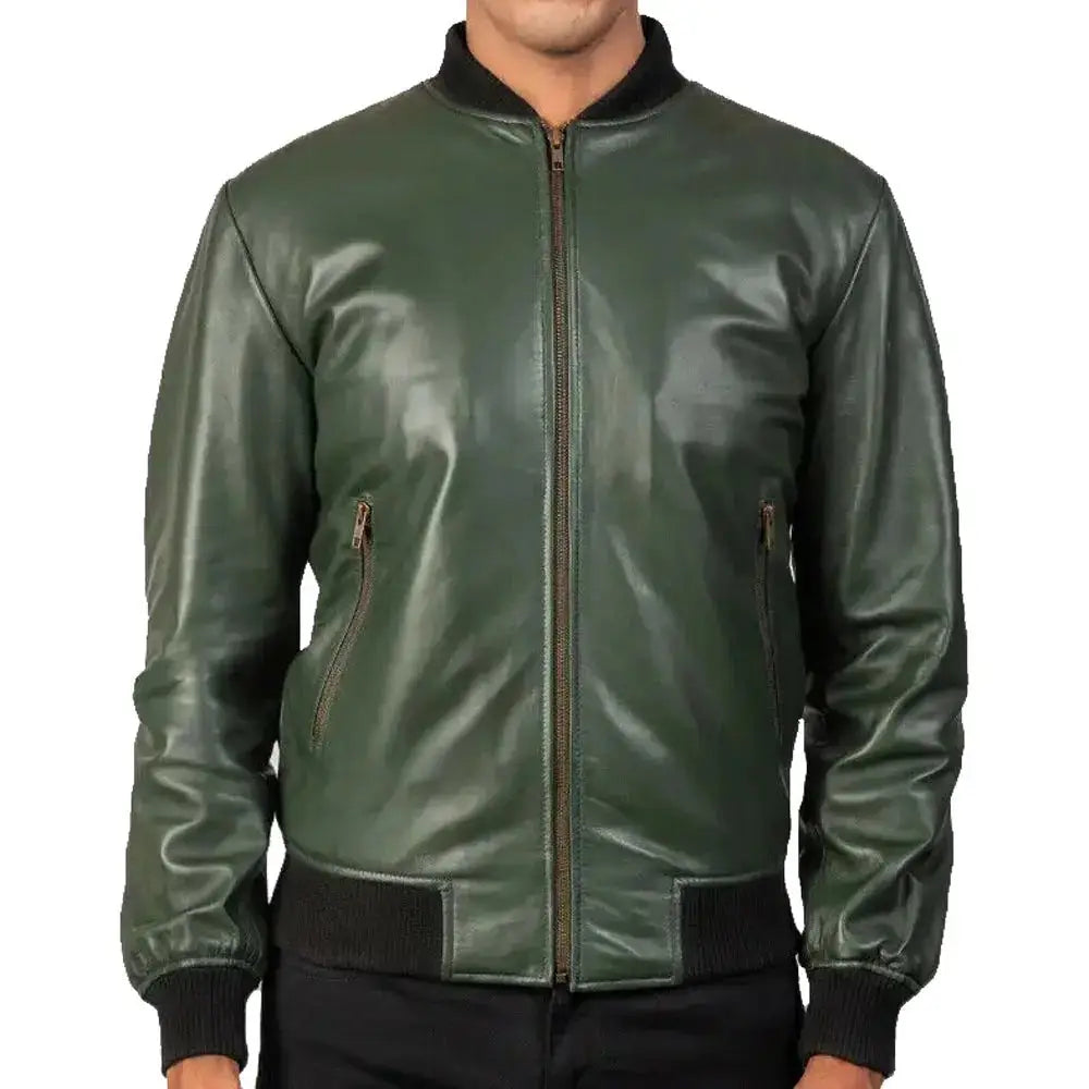 Men’s Green Leather Motorcycle Bomber Jacket-0