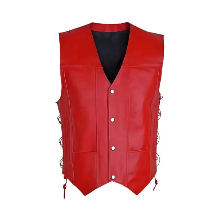 Men’s Red Motorcycle Biker Vest – Cowhide Leather-0