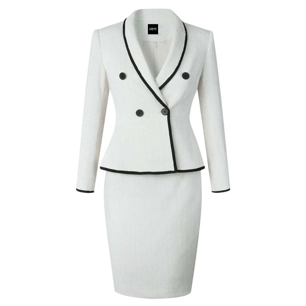 The beige piped peplum tweed skirt suit-4