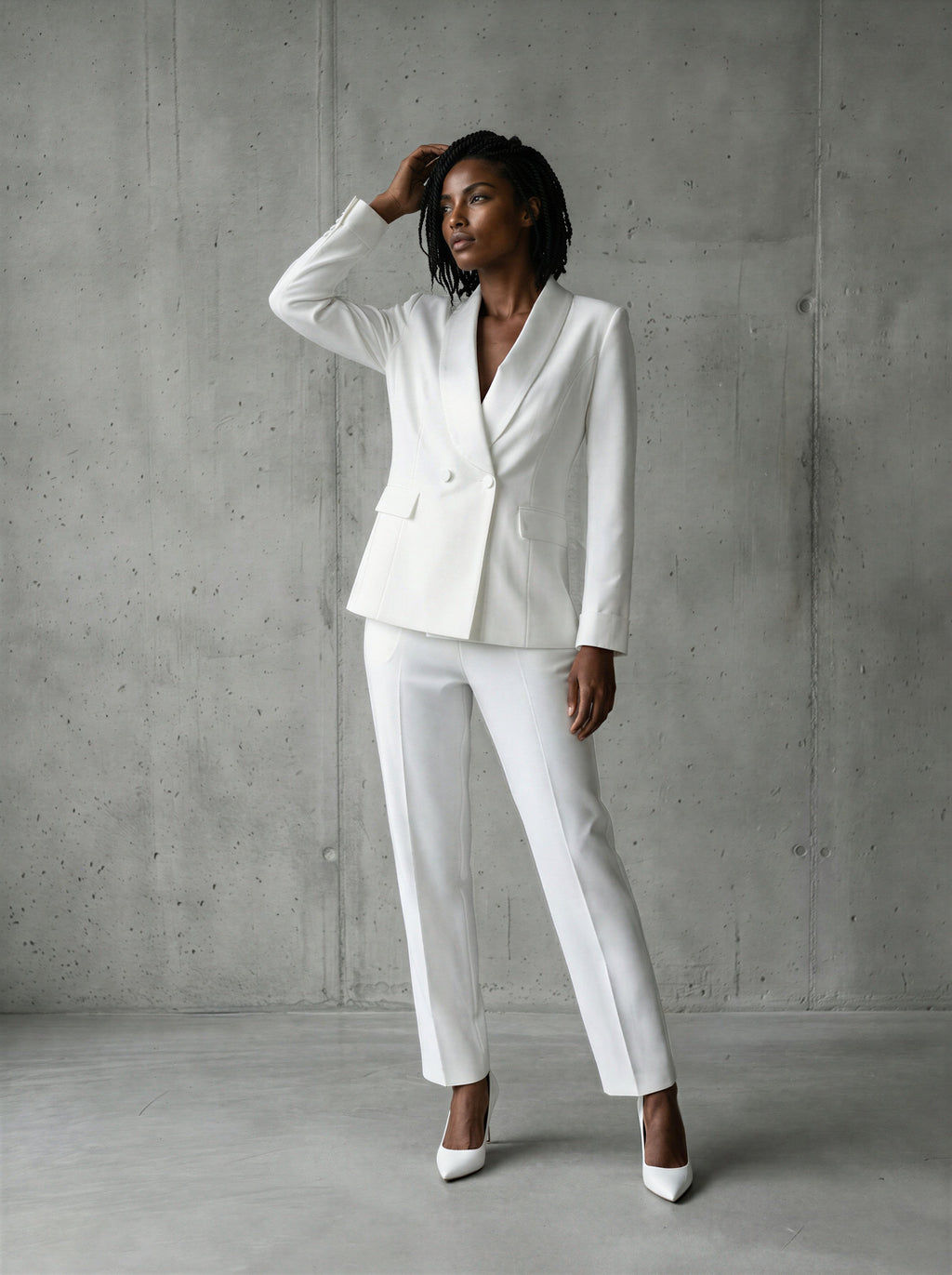 White double breasted shawl lapel pants suit (UK size 16)-0