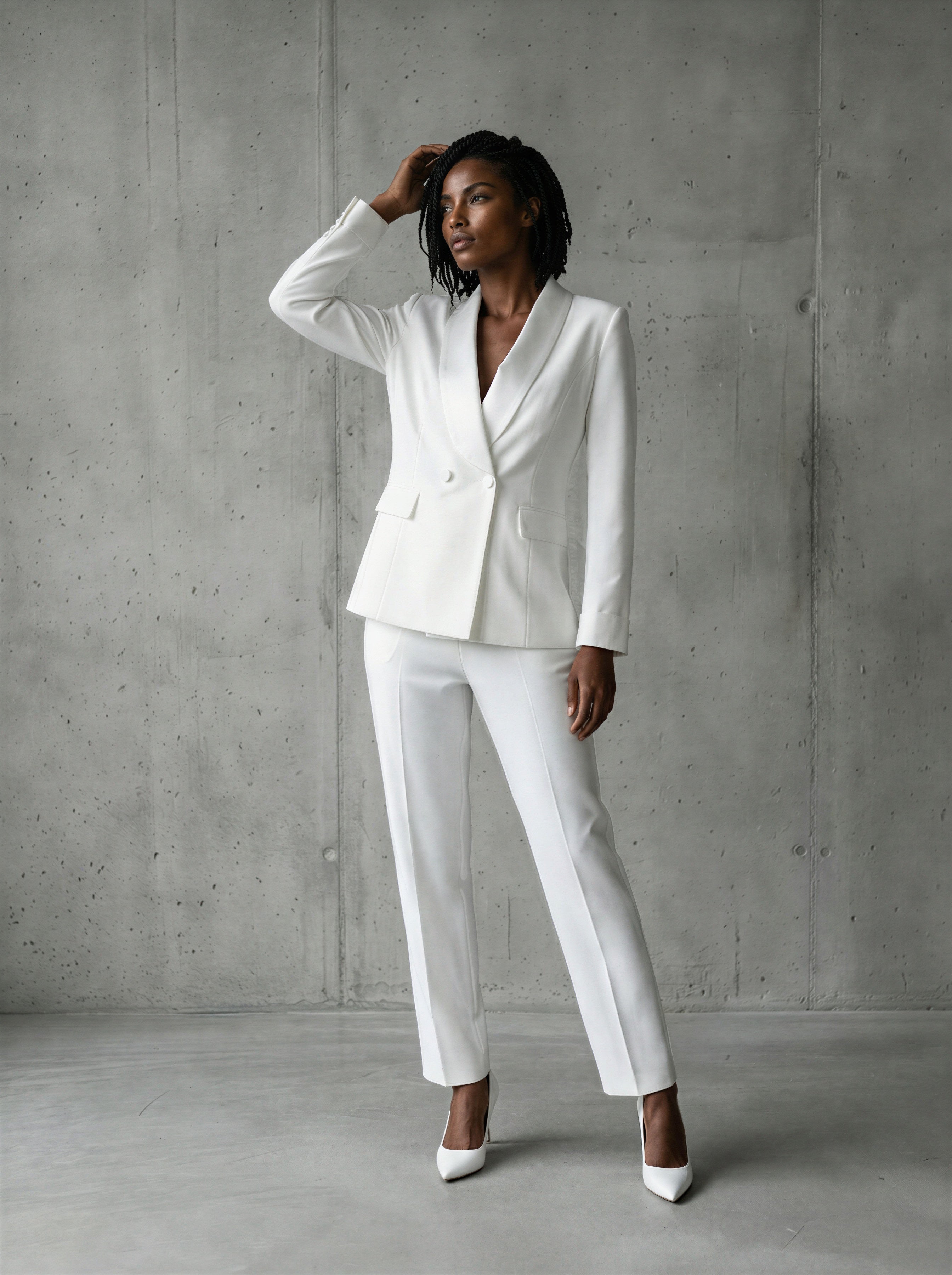 White double breasted shawl lapel pants suit (UK size 16)-0