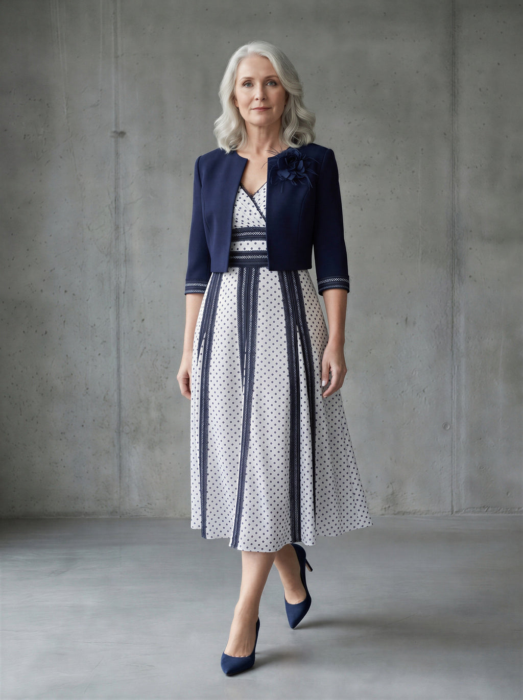 Hand-Made Navy Blue 2-Piece A-line Mother of the Bride Dress with Bolero-0