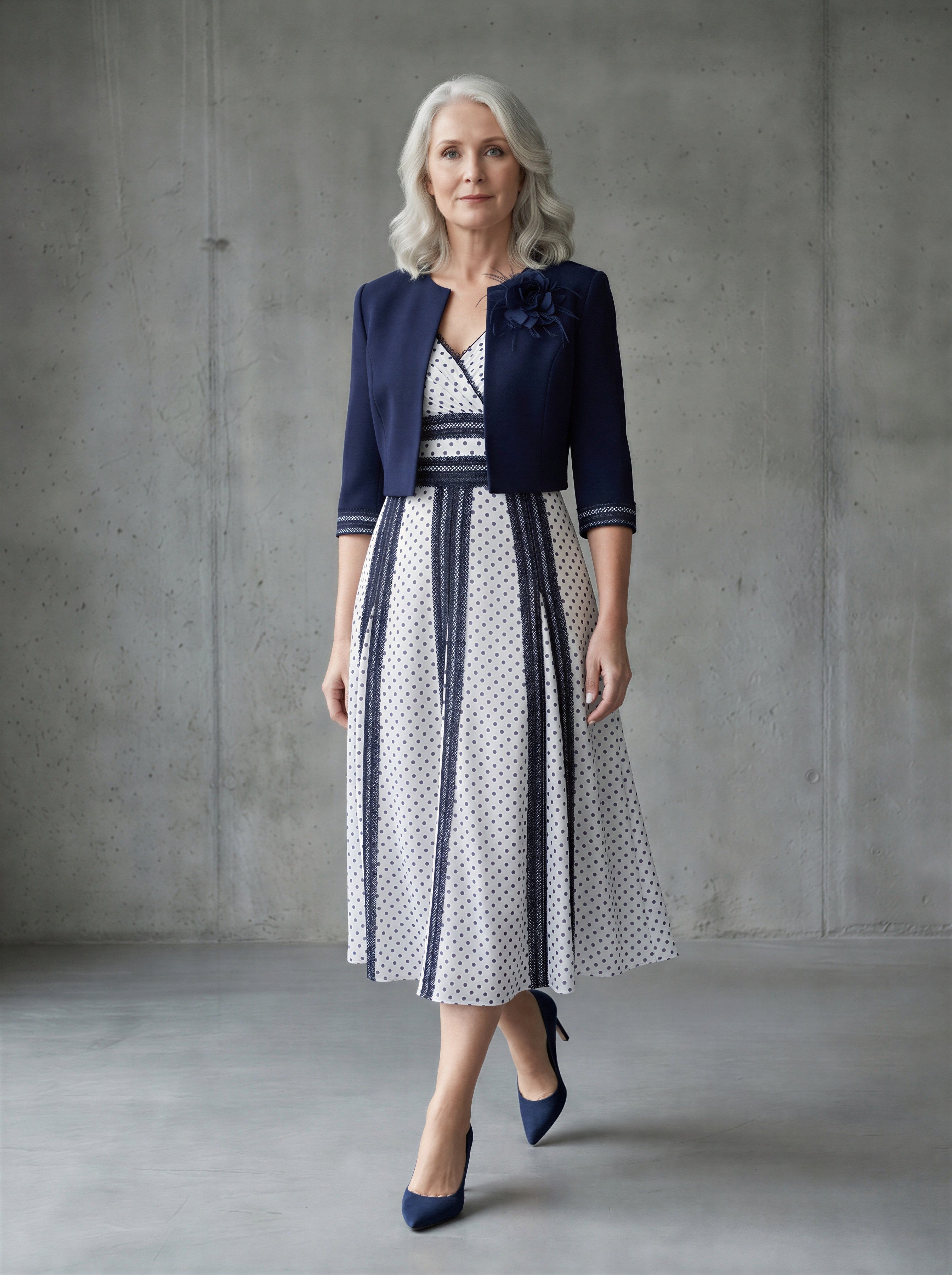 Hand-Made Navy Blue 2-Piece A-line Mother of the Bride Dress with Bolero-0