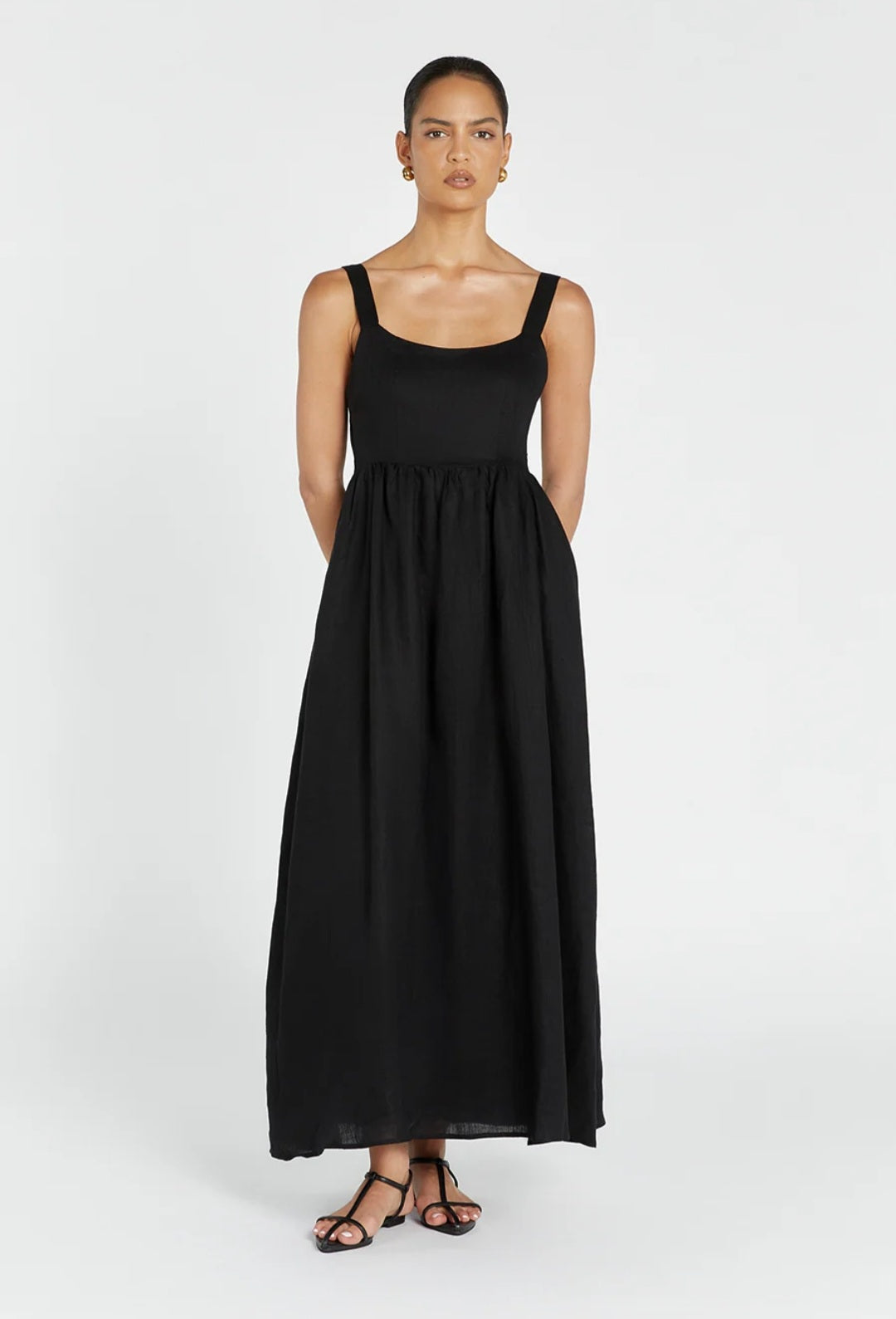 Black Linen Dress with Straps (syncee)-0
