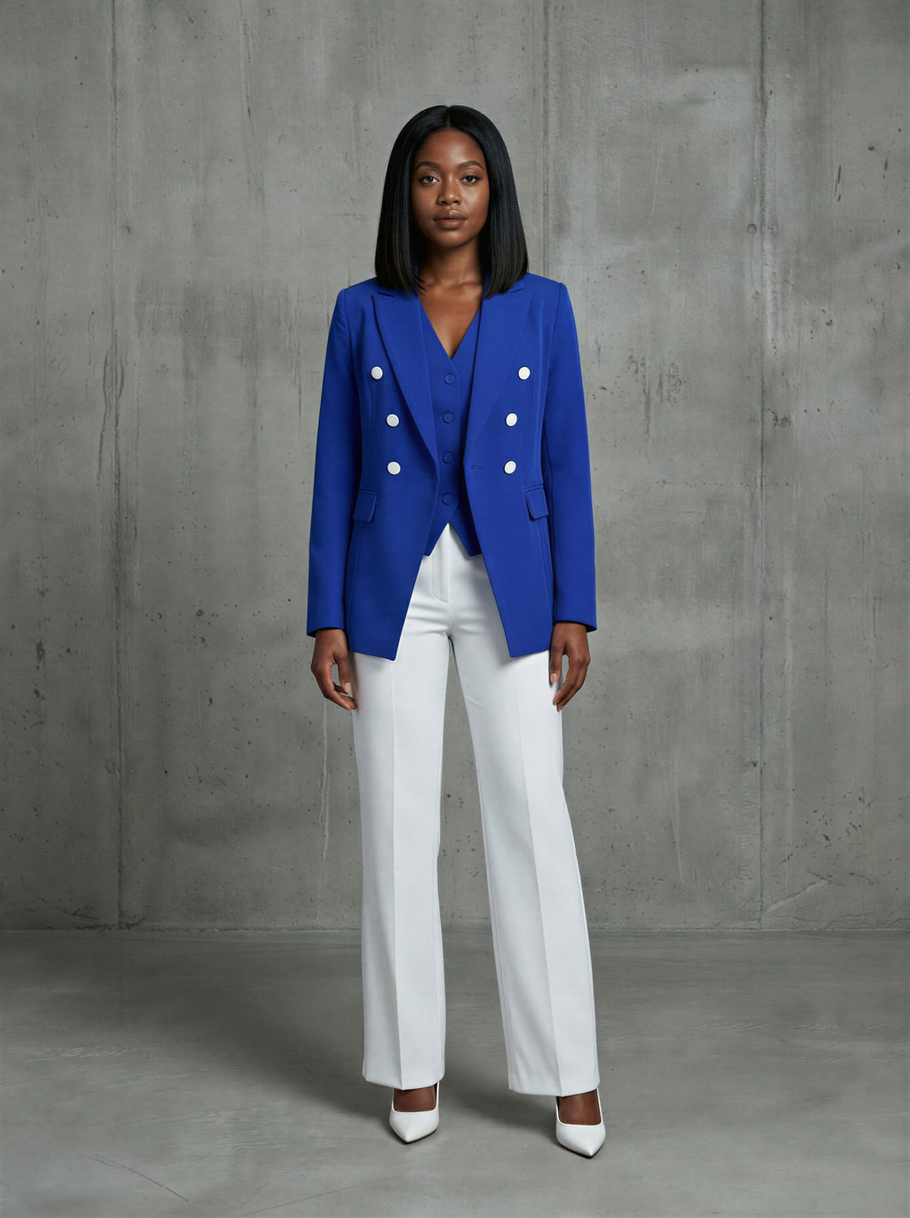 The royal-contrast double breasted 3-piece pantsuit (UK size 8)-1