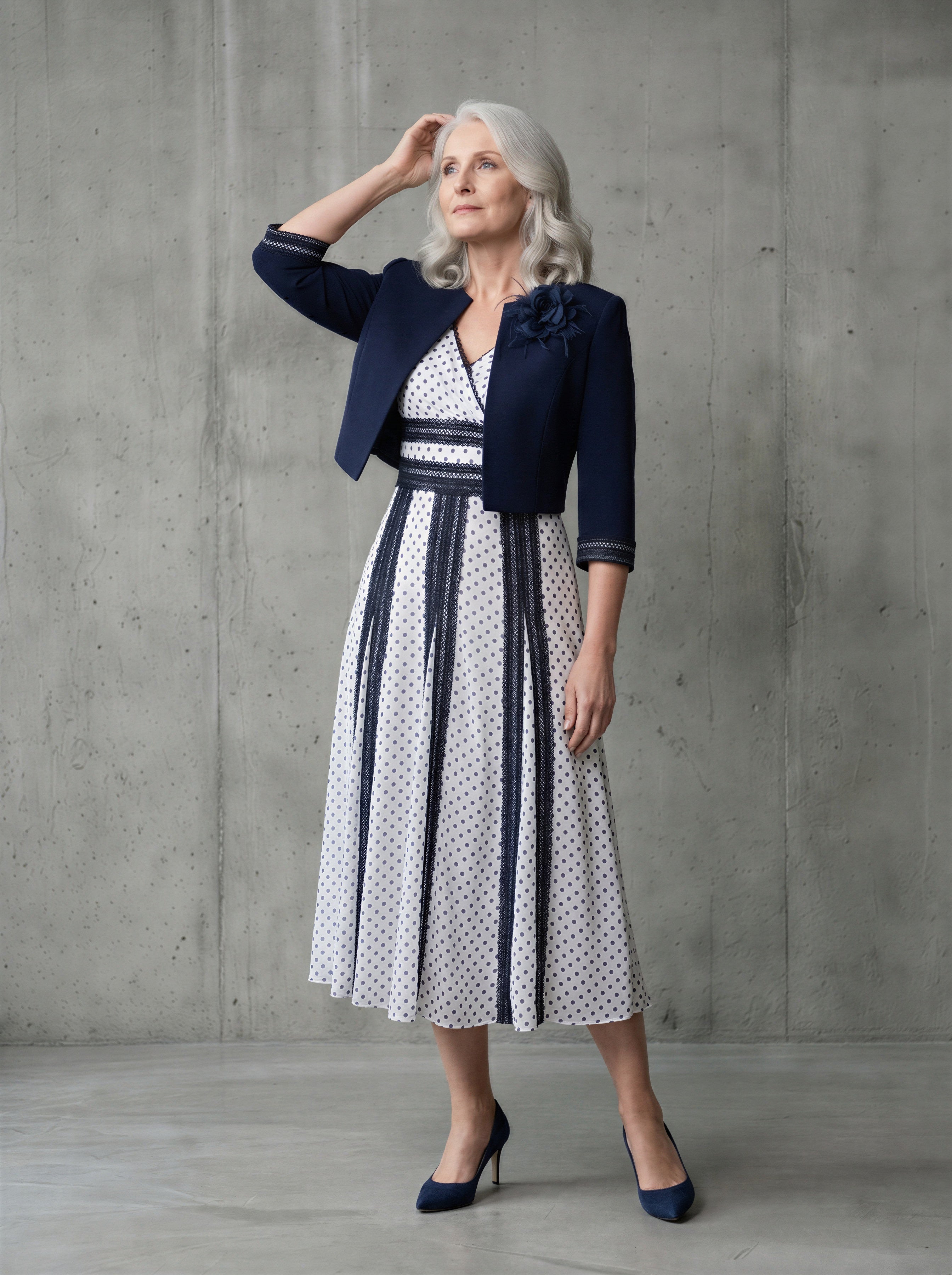Hand-Made Navy Blue 2-Piece A-line Mother of the Bride Dress with Bolero-3