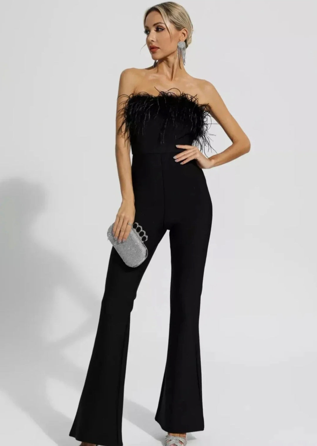 Black Jumpsuit with Ostrich Feathers | Tube Jumpsuit | Feather Jumpsuit | Summer Clothing-0
