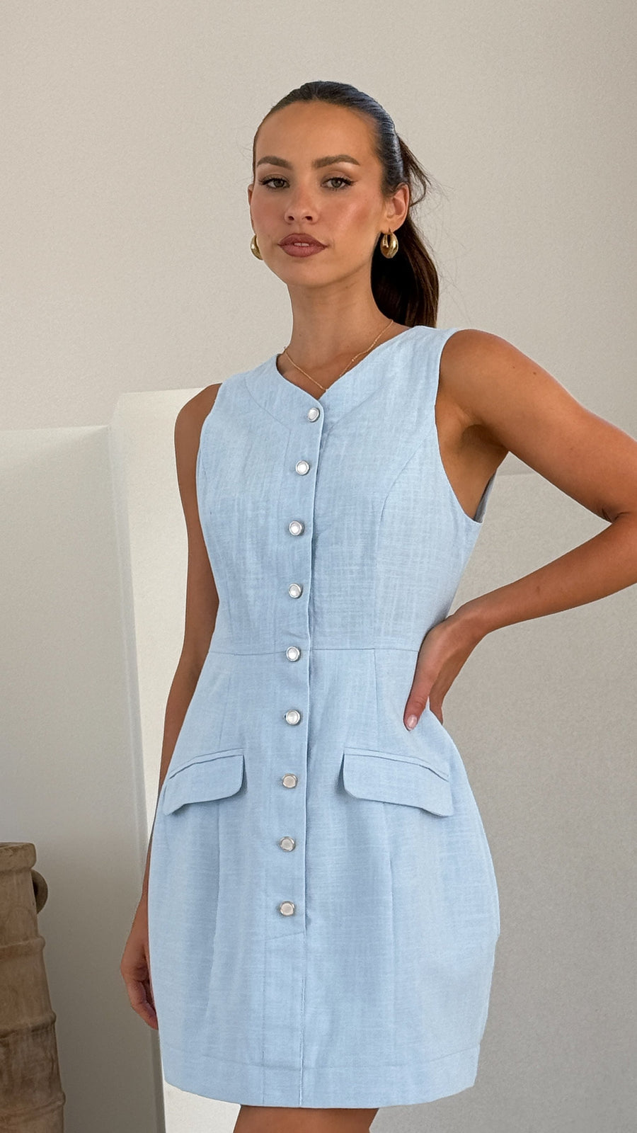 Powder Blue Linen Mini Dress-3