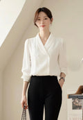Shawl Collar Double-Breasted Formal Top with Puffed Sleeves-0