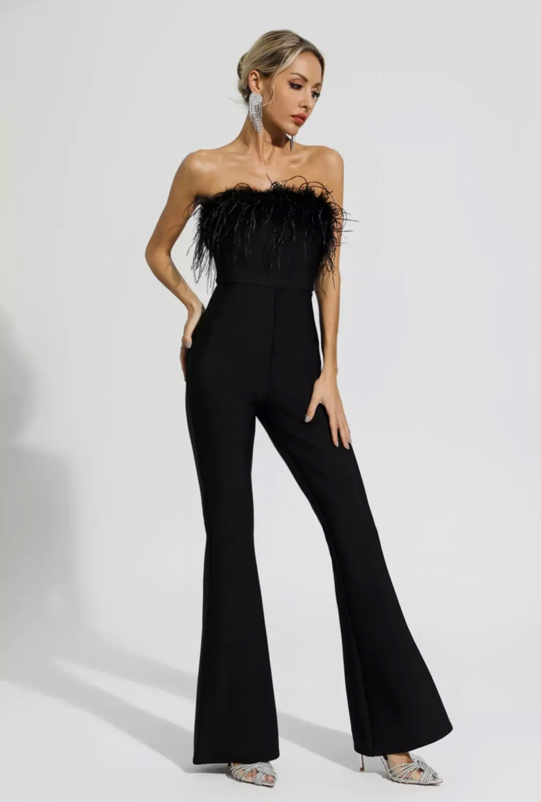 Black Jumpsuit with Ostrich Feathers | Tube Jumpsuit | Feather Jumpsuit | Summer Clothing-2