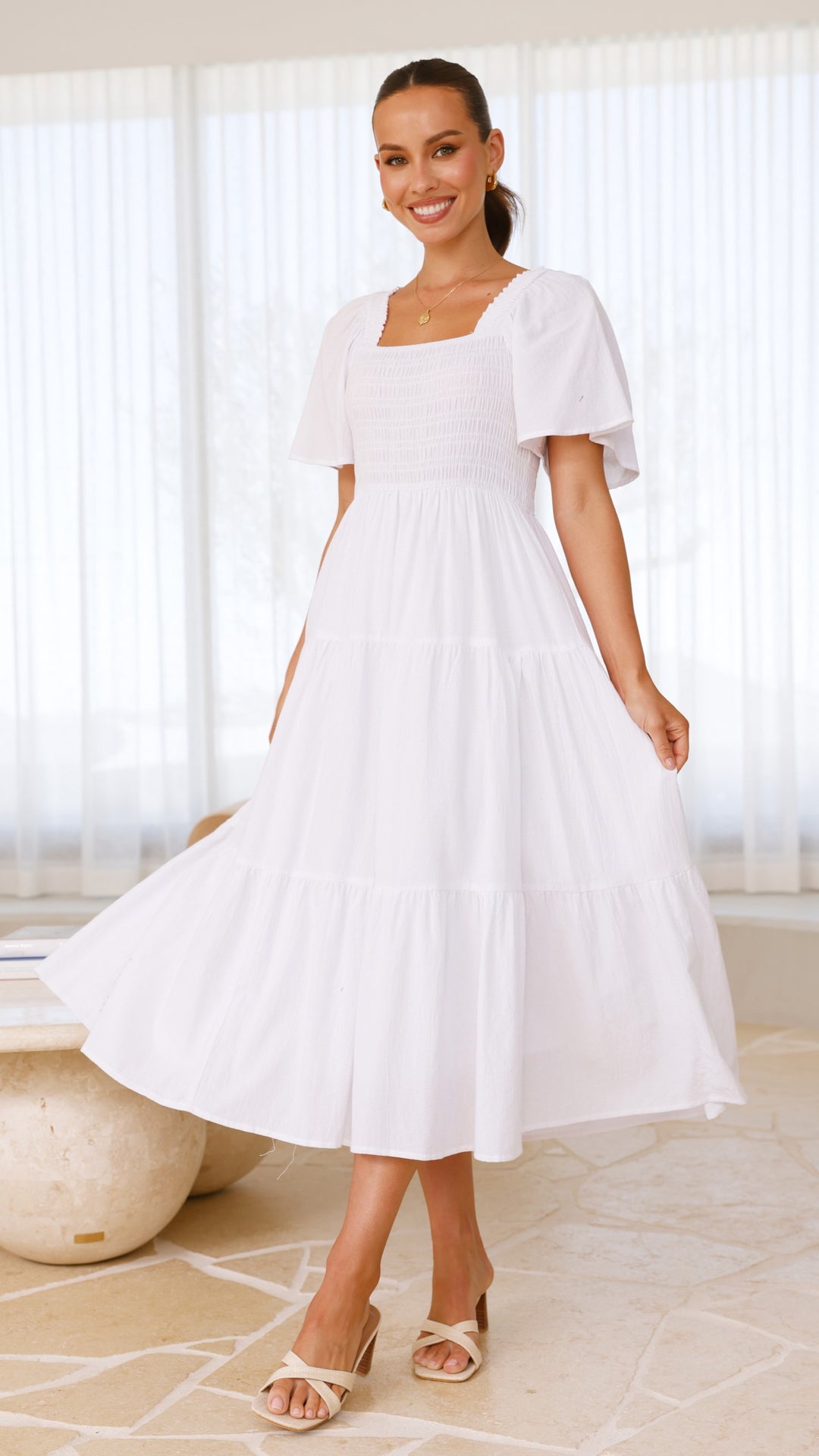 White Smocked Midi Dress-0