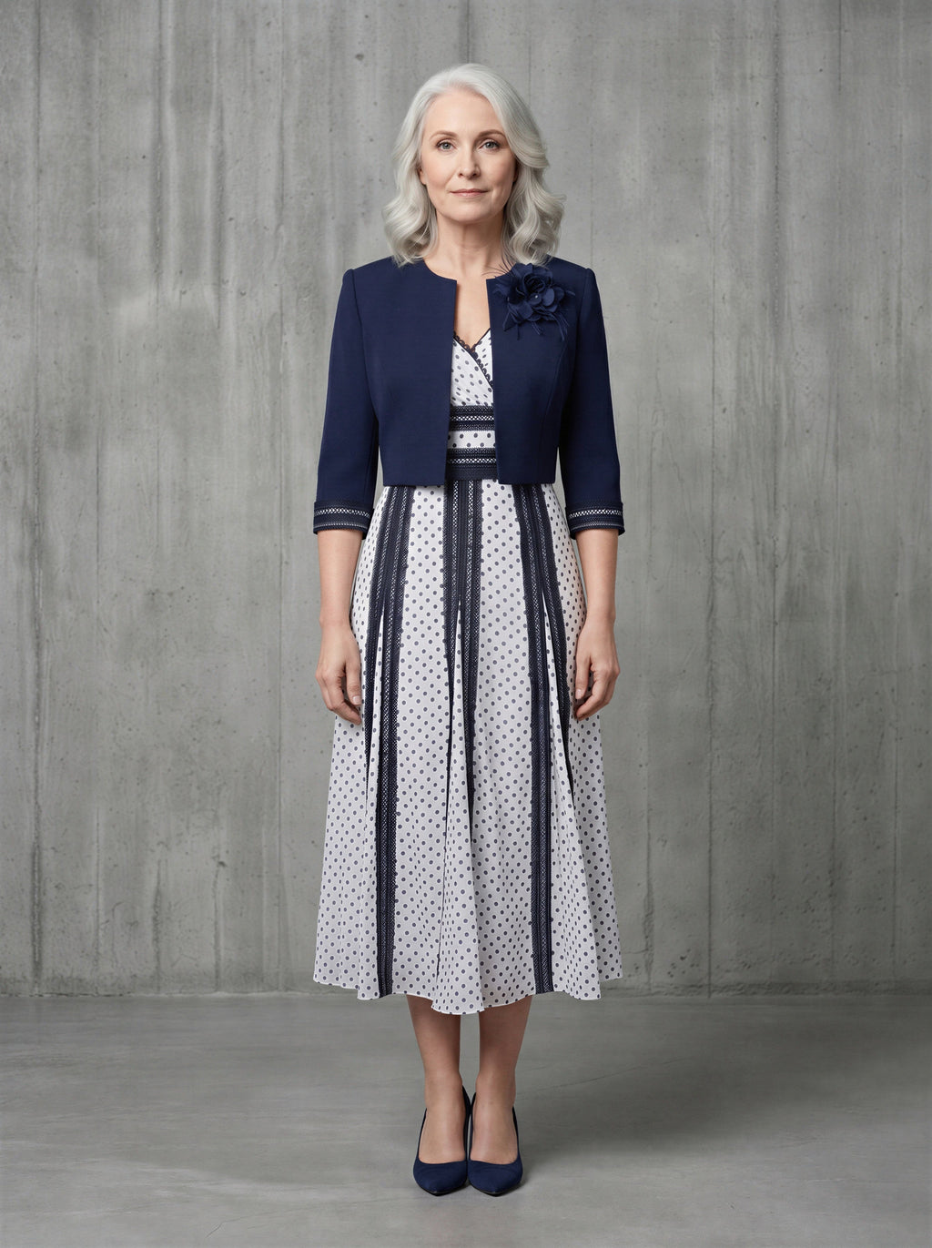 Hand-Made Navy Blue 2-Piece A-line Mother of the Bride Dress with Bolero-4