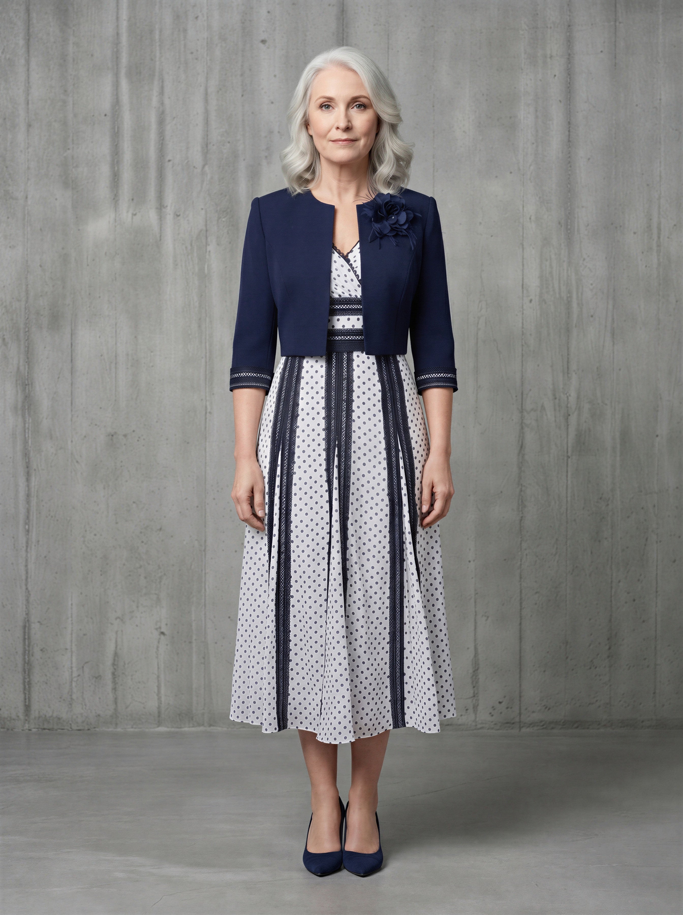 Hand-Made Navy Blue 2-Piece A-line Mother of the Bride Dress with Bolero-4