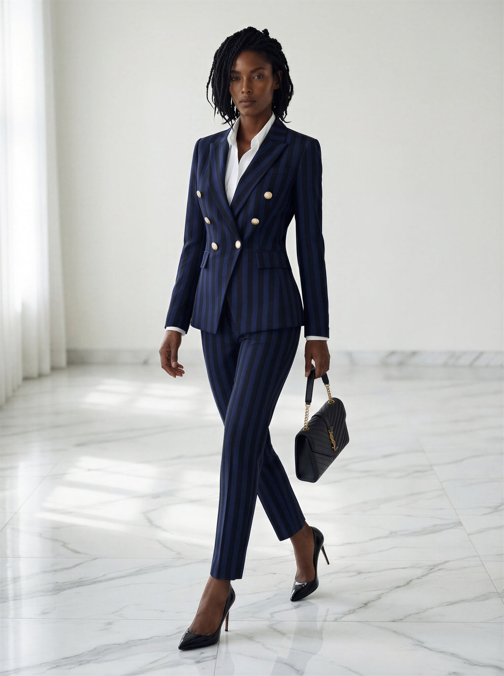 Navy stripped 2-piece pants suit (UK size 6)-0